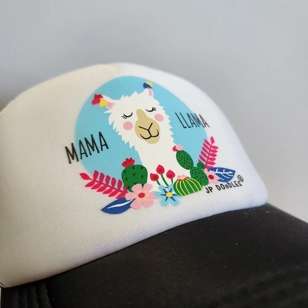 JP Doodles Mama Llama Floral Flower White Black Women's Mesh Trucker Hat Cap